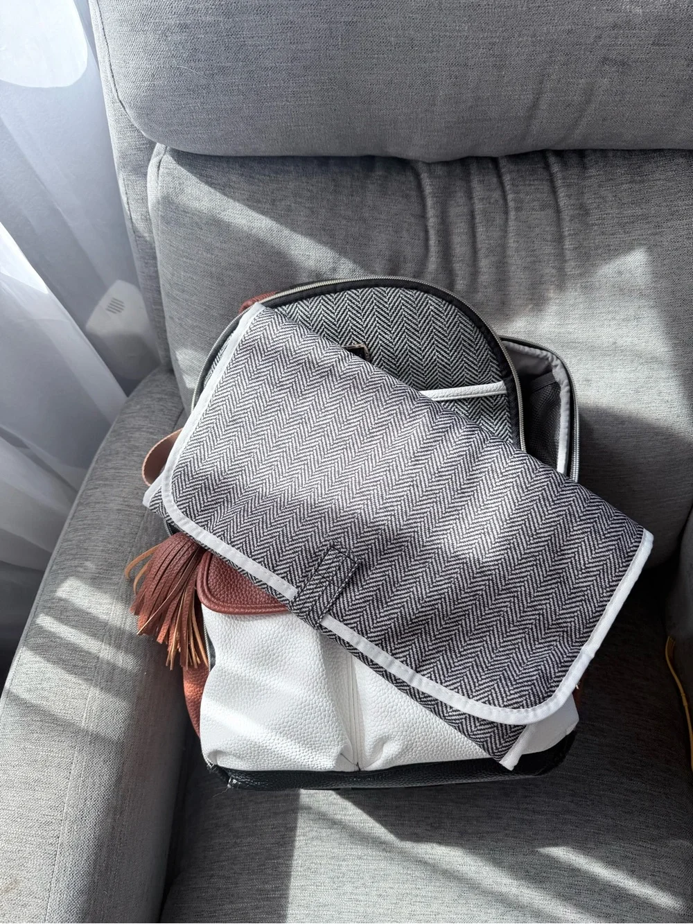 Itzy Ritzy Gray Herringbone Backpack with White & Rust Accents
